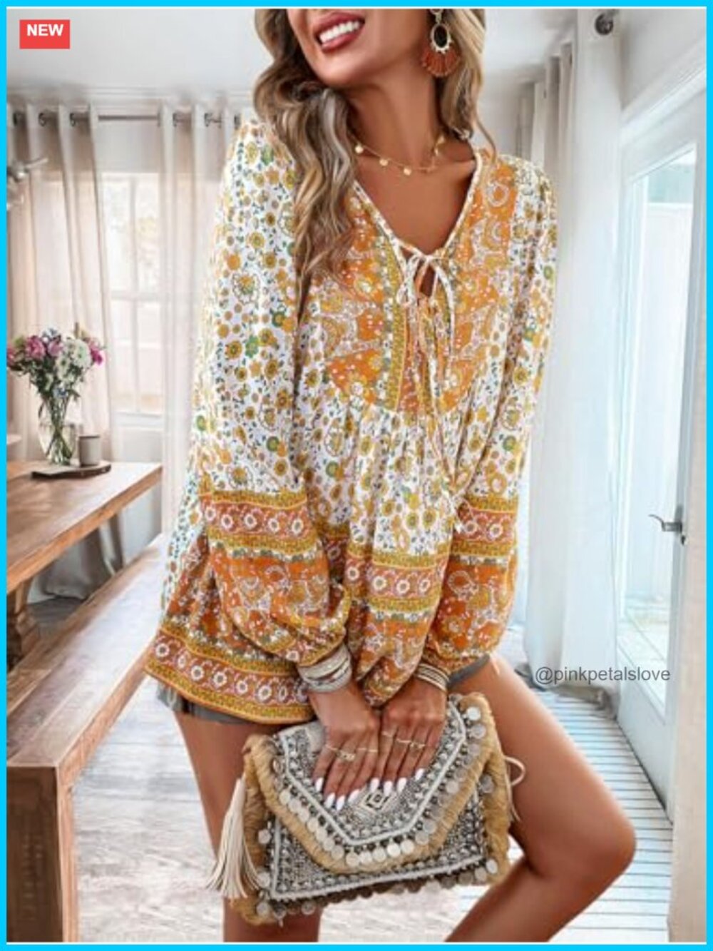 Boho Floral V Neck Long Sleeve Tunic Blouse Loose Fit Rayon - Picture 3 of 6
